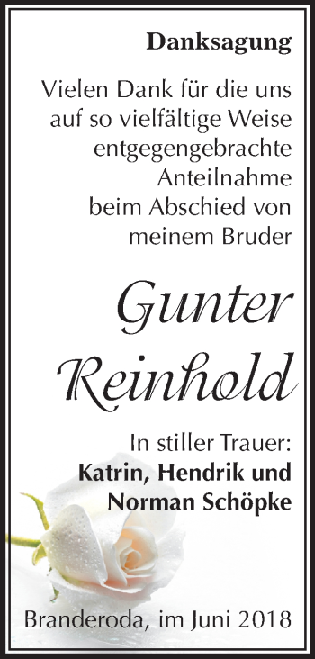 Traueranzeige von Gunter Reinhold von Mitteldeutsche Zeitung Merseburg/Querfurt