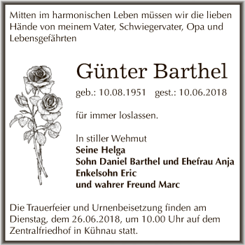 Traueranzeige von Günter Barthel von WVG - Wochenspiegel Dessau / Köthen