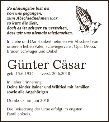 Traueranzeige von Günter Cäsar von WVG - Wochenspiegel Dessau / Köthen