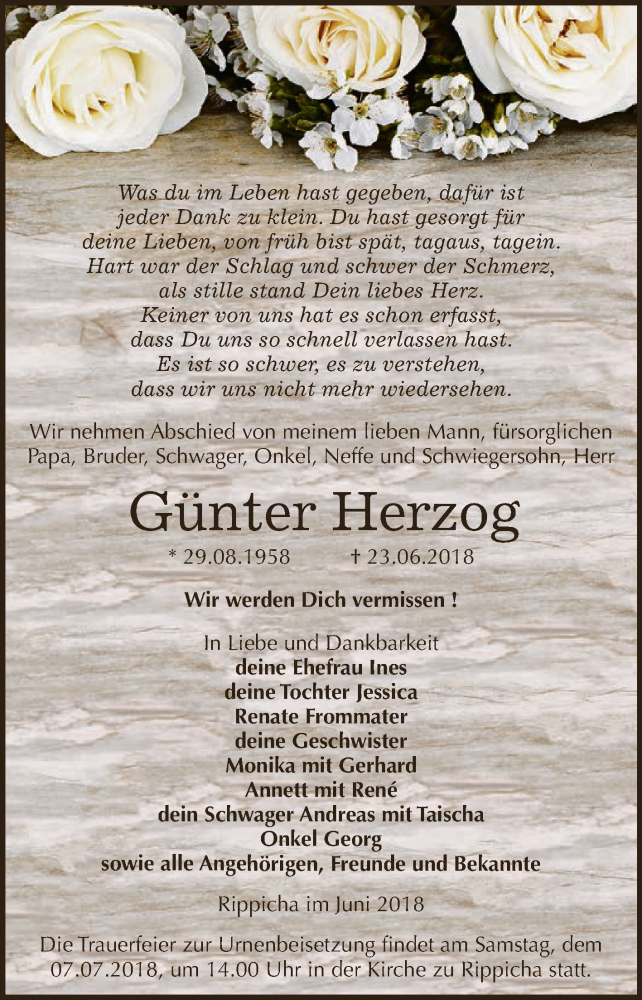  Traueranzeige für Günter Herzog vom 30.06.2018 aus Super Sonntag Zeitz
