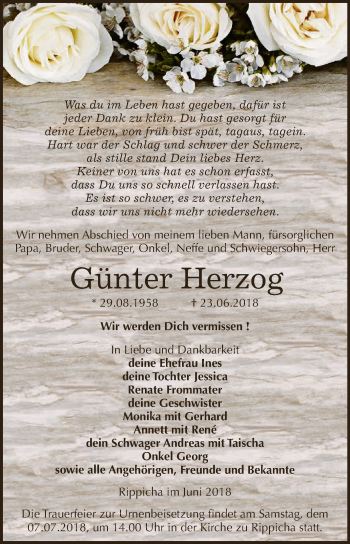 Traueranzeige von Günter Herzog von Super Sonntag Zeitz