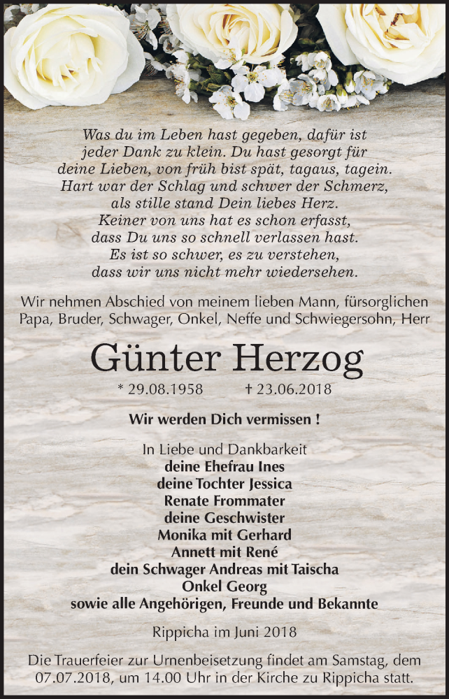  Traueranzeige für Günter Herzog vom 30.06.2018 aus Mitteldeutsche Zeitung Zeitz