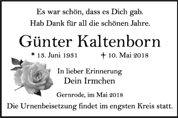 Traueranzeige von Günter Kaltenborn von Mitteldeutsche Zeitung Quedlinburg