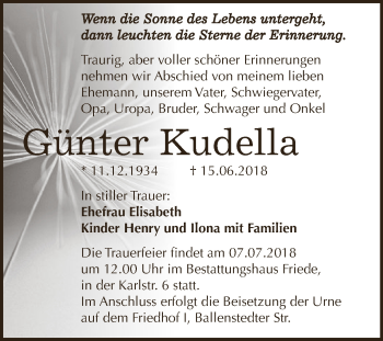 Traueranzeige von Günter Kudella von WVG - Wochenspiegel Dessau / Köthen