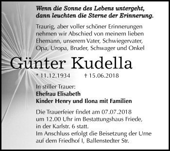 Traueranzeige von Günter Kudella von Mitteldeutsche Zeitung Dessau-Roßlau
