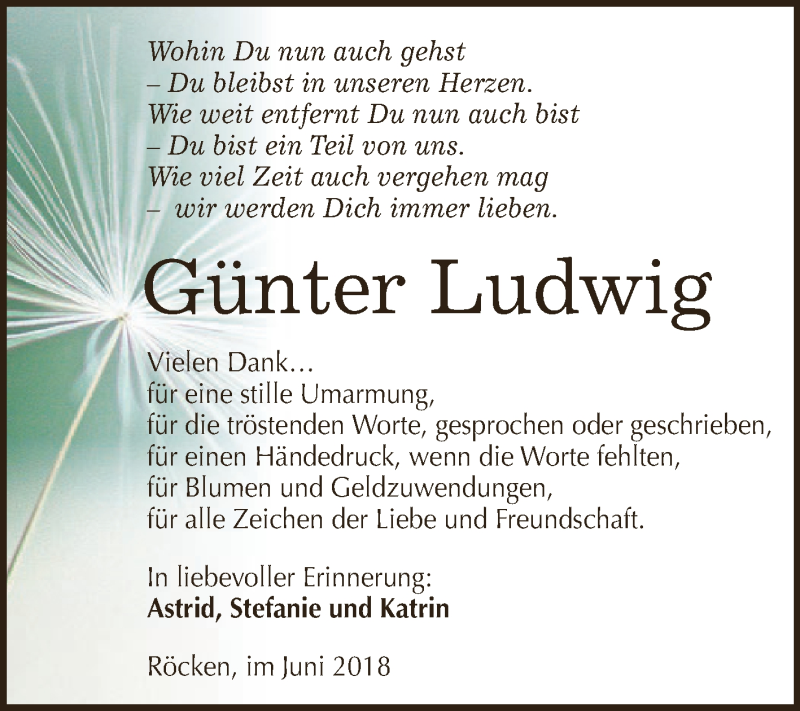  Traueranzeige für Günter Ludwig vom 20.06.2018 aus WVG - Wochenspiegel NMB / WSF / ZTZ