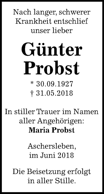 Traueranzeige von Günter Probst von Mitteldeutsche Zeitung Aschersleben
