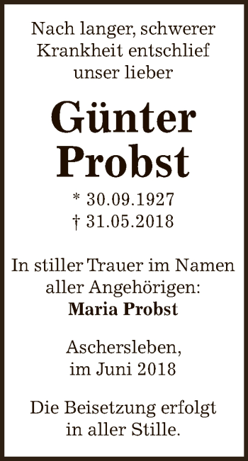 Traueranzeige von Günter Probst von Super Sonntag Aschersleben