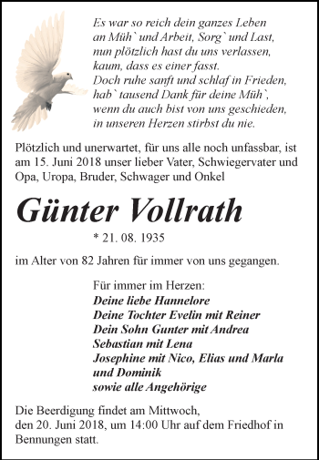 Traueranzeige von Günter Vollrath von Mitteldeutsche Zeitung Sangerhausen