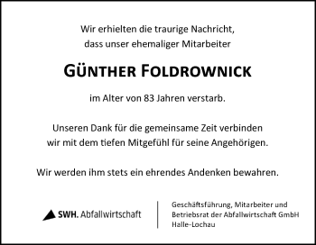 Traueranzeige von Günther Foldrownick von Mitteldeutsche Zeitung Halle/Saalkreis