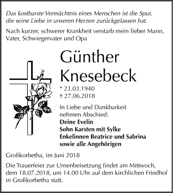 Traueranzeige von Günther Knesebeck von Mitteldeutsche Zeitung Weißenfels