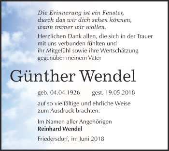 Traueranzeige von Günther Wendel von WVG - Wochenspiegel Bitterfeld