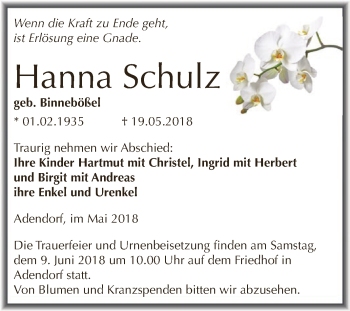 Traueranzeige von Hanna Schulz von Super Sonntag SGH Mansf. Land