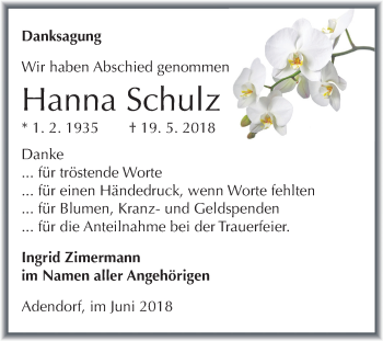 Traueranzeige von Hanna Schulz von Mitteldeutsche Zeitung