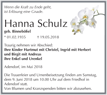 Traueranzeige von Hanna Schulz von Mitteldeutsche Zeitung