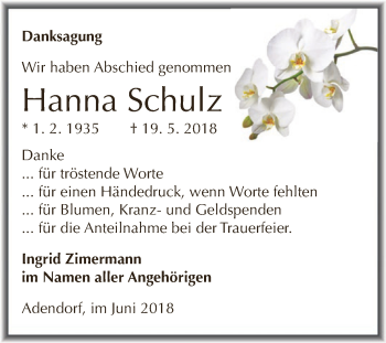 Traueranzeige von Hanna Schulz von Super Sonntag SGH Mansf. Land