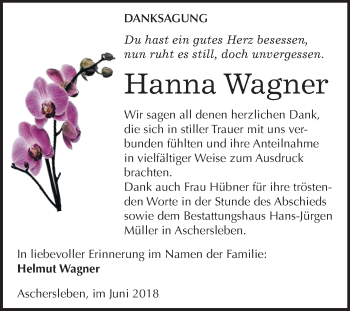 Traueranzeige von Hanna Wagner von Mitteldeutsche Zeitung Aschersleben