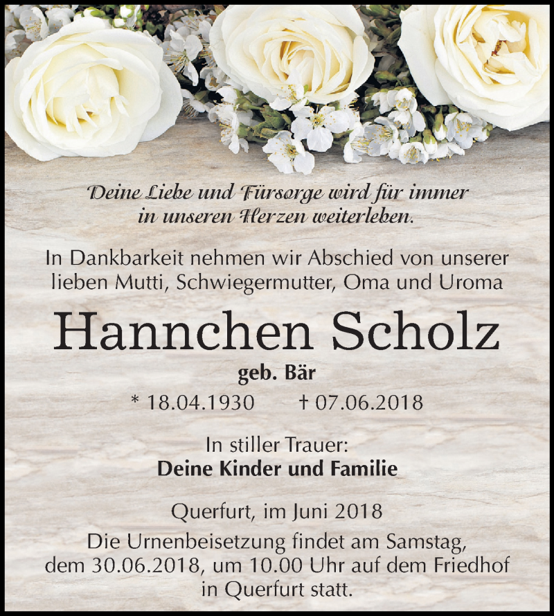  Traueranzeige für Hannchen Scholz vom 23.06.2018 aus Mitteldeutsche Zeitung