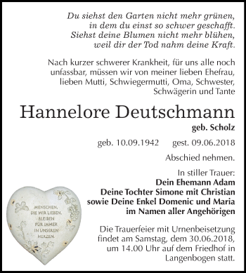 Traueranzeige von Hannelore Deutschmann von Mitteldeutsche Zeitung Halle/Saalkreis