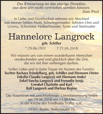 Traueranzeige von Hannelore Langrock von Mitteldeutsche Zeitung Halle/Saalkreis