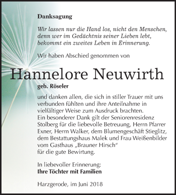 Traueranzeige von Hannelore Neuwirth von Mitteldeutsche Zeitung