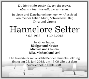 Traueranzeige von Hannelore Selter von Mitteldeutsche Zeitung Halle/Saalkreis