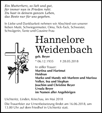 Traueranzeige von Hannelore Weidenbach von Mitteldeutsche Zeitung Weißenfels