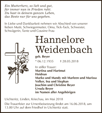Traueranzeige von Hannelore Weidenbach von WVG - Wochenspiegel NMB / WSF / ZTZ