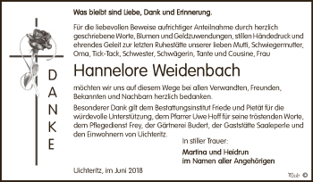 Traueranzeige von Hannelore Weidenbach von WVG - Wochenspiegel NMB / WSF / ZTZ