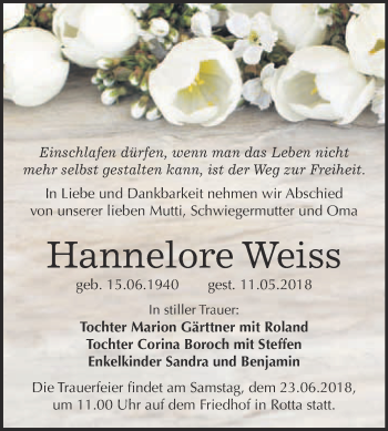 Traueranzeige von Hannelore Weiss von WVG - Wochenspiegel Wittenberg