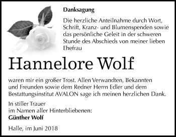 Traueranzeige von Hannelore Wolf von Mitteldeutsche Zeitung Halle/Saalkreis