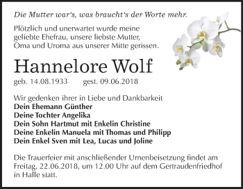 Traueranzeige von Hannelore Wolf von Mitteldeutsche Zeitung Halle/Saalkreis