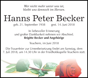 Traueranzeige von Hanns Peter Becker von Mitteldeutsche Zeitung Weißenfels