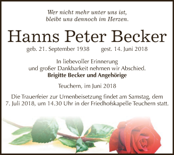 Traueranzeige von Hanns Peter Becker von WVG - Wochenspiegel NMB / WSF / ZTZ