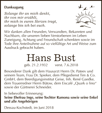 Traueranzeige von Hans Bust von WVG - Wochenspiegel Dessau / Köthen