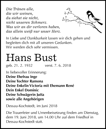 Traueranzeige von Hans Bust von Mitteldeutsche Zeitung Dessau-Roßlau