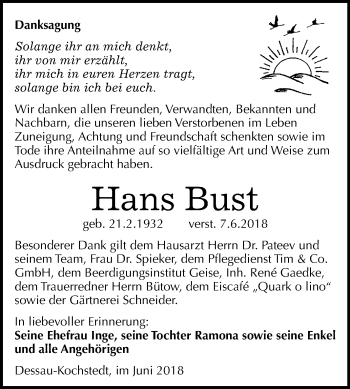 Traueranzeige von Hans Bust von Mitteldeutsche Zeitung