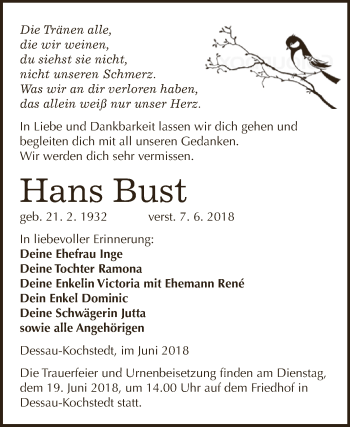 Traueranzeige von Hans Bust von WVG - Wochenspiegel Dessau / Köthen