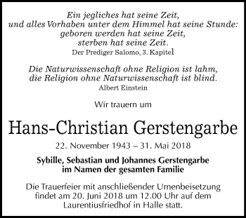 Traueranzeige von Hans-Christian Gerstengarbe von Mitteldeutsche Zeitung Halle/Saalkreis