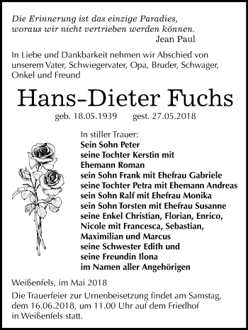 Traueranzeige von Hans-Dieter Fuchs von Mitteldeutsche Zeitung Weißenfels