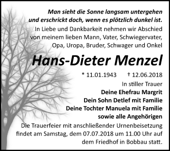 Traueranzeige von Hans-Dieter Menzel von Mitteldeutsche Zeitung Bitterfeld