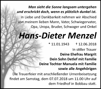 Traueranzeige von Hans-Dieter Menzel von WVG - Wochenspiegel Bitterfeld