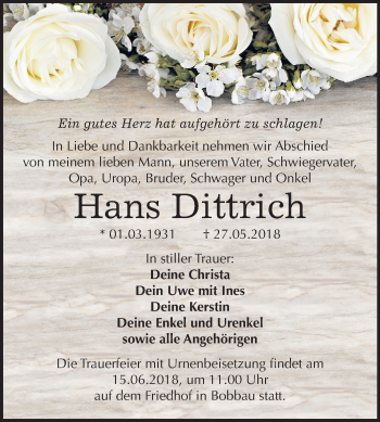 Traueranzeige von Hans Dittrich von Mitteldeutsche Zeitung Bitterfeld