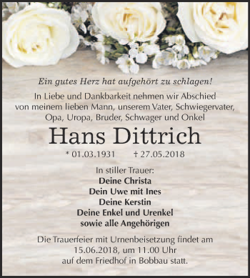 Traueranzeige von Hans Dittrich von WVG - Wochenspiegel Bitterfeld