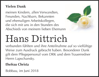 Traueranzeige von Hans Dittrich von WVG - Wochenspiegel Bitterfeld