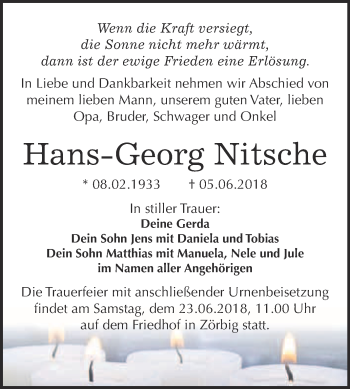 Traueranzeige von Hans-Georg Nitsche von WVG - Wochenspiegel Bitterfeld