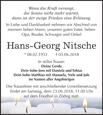 Traueranzeige von Hans-Georg Nitsche von Mitteldeutsche Zeitung Bitterfeld