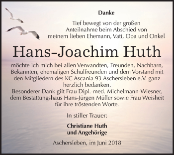 Traueranzeige von Hans-Joachim Huth von Mitteldeutsche Zeitung Aschersleben