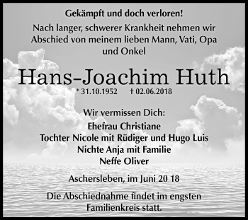 Traueranzeige von Hans-Joachim Huth von Mitteldeutsche Zeitung Aschersleben