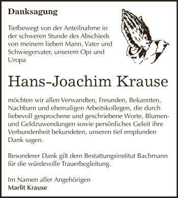 Traueranzeige von Hans-Joachim Krause von WVG - Wochenspiegel Dessau / Köthen